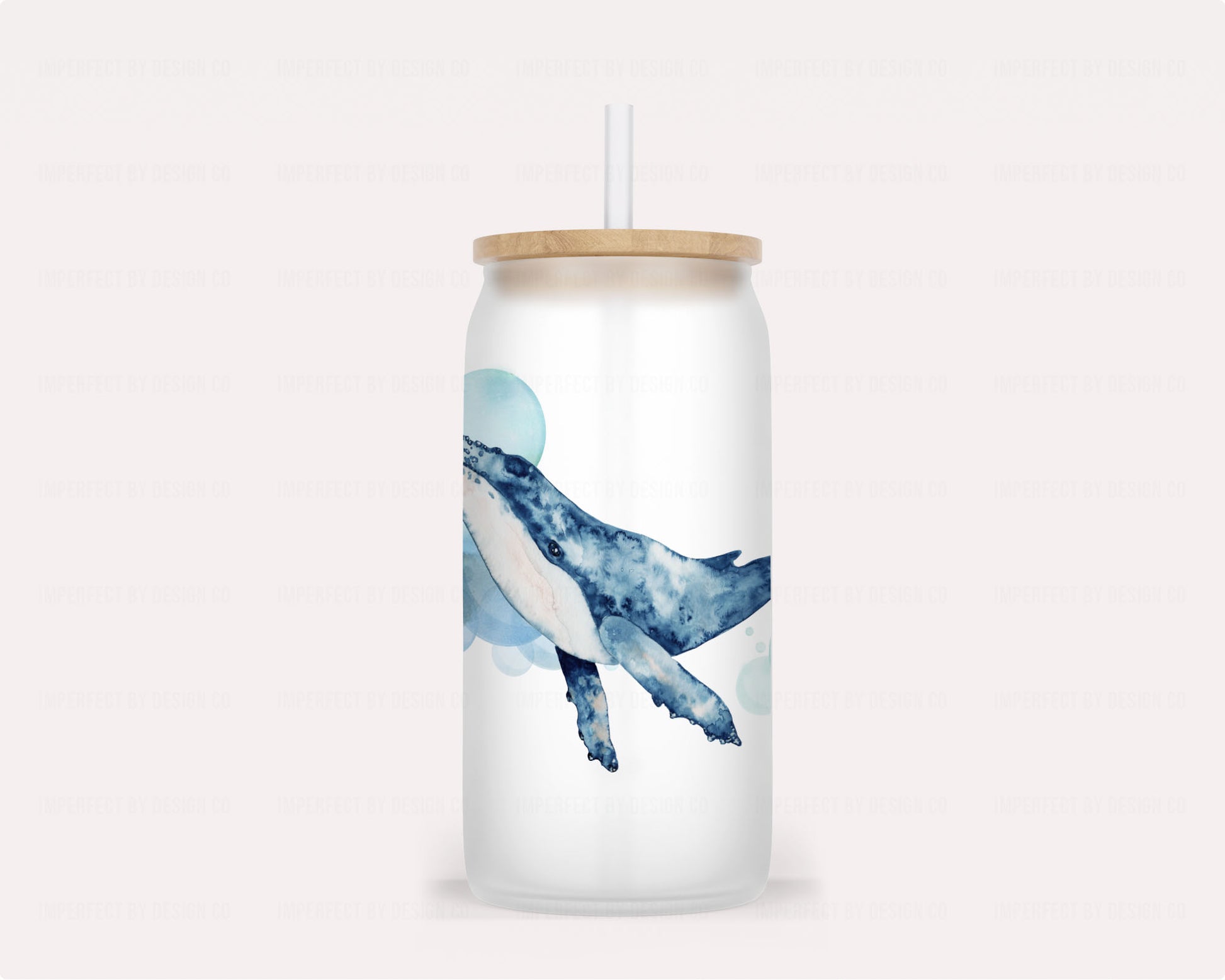16-ounce frosted glass tumbler with a watercolor-style humpback whale design, bamboo lid, and reusable straw | imperfect by design co