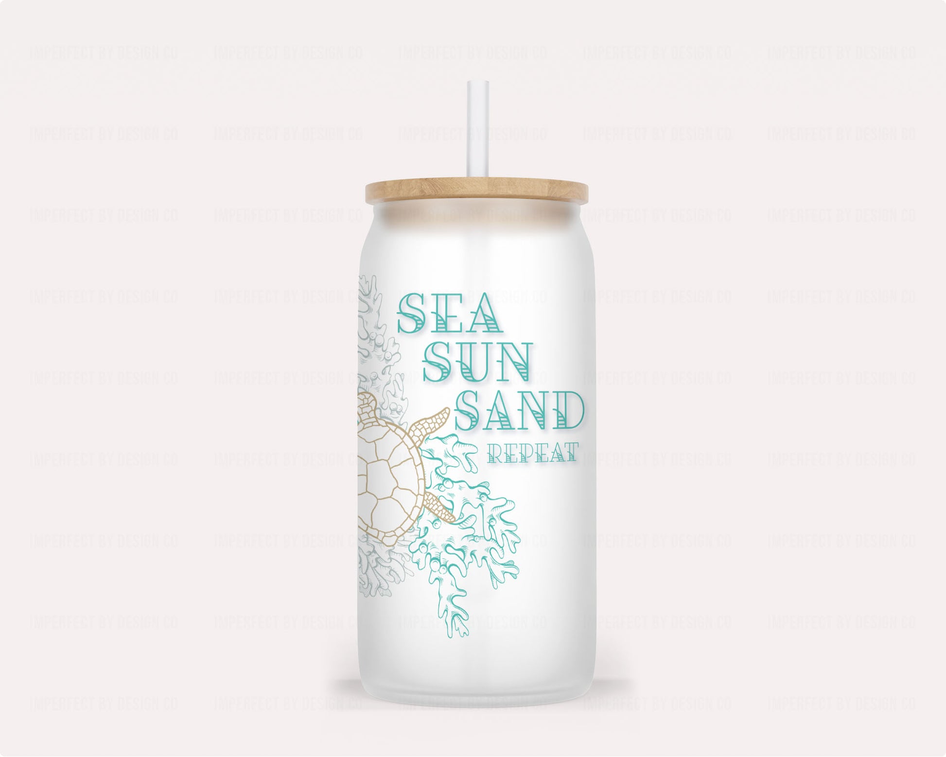 Personalized frosted glass tumbler with loggerhead sea turtle in teal "SEA SUN SAND REPEAT" | imperfecrt by design co