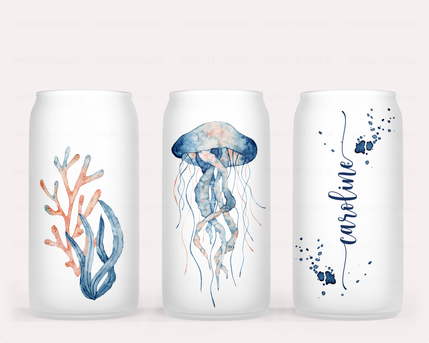 16oz Frosted glass jar tumbler with personalized name and watercolor jellyfish | imperfect by design co