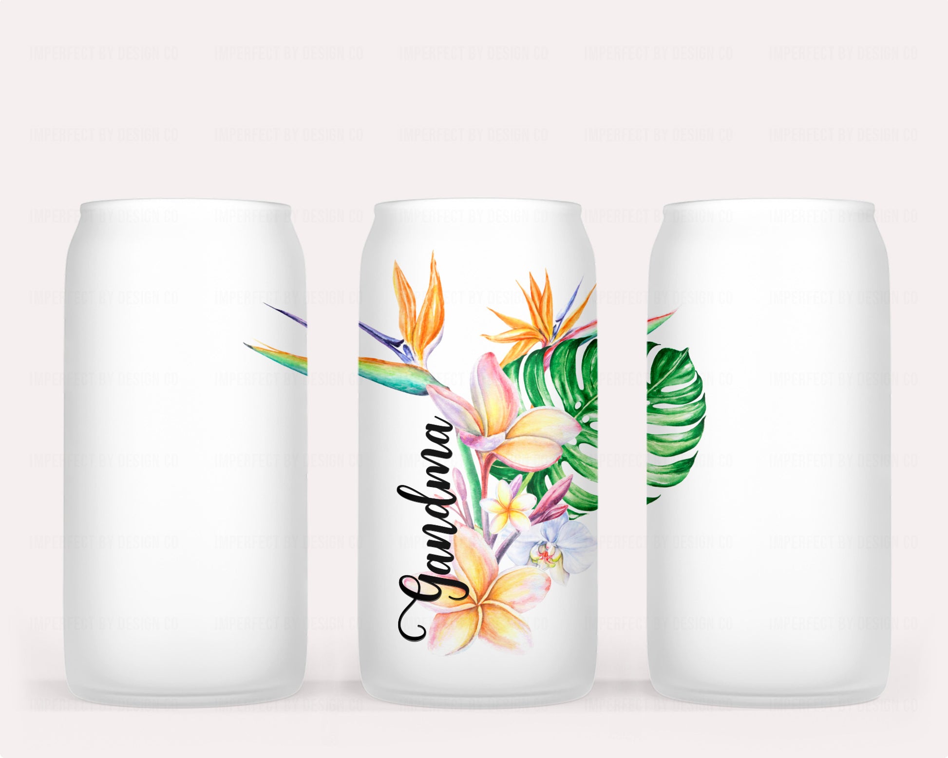 16oz frosted glass can tumbler with tropical bouquet Sustainable choice with bamboo lid and reusable straw | imperfect by design co