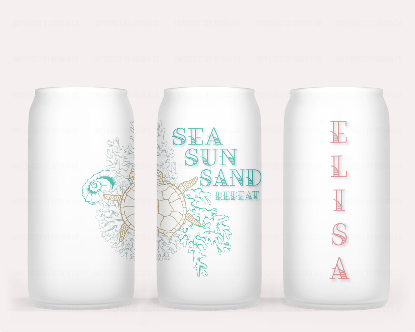 16 oz glass jar tumbler with bamboo lid and reusable straw Customized with coral-colored name and sea turtle design | imperfecrt by design co