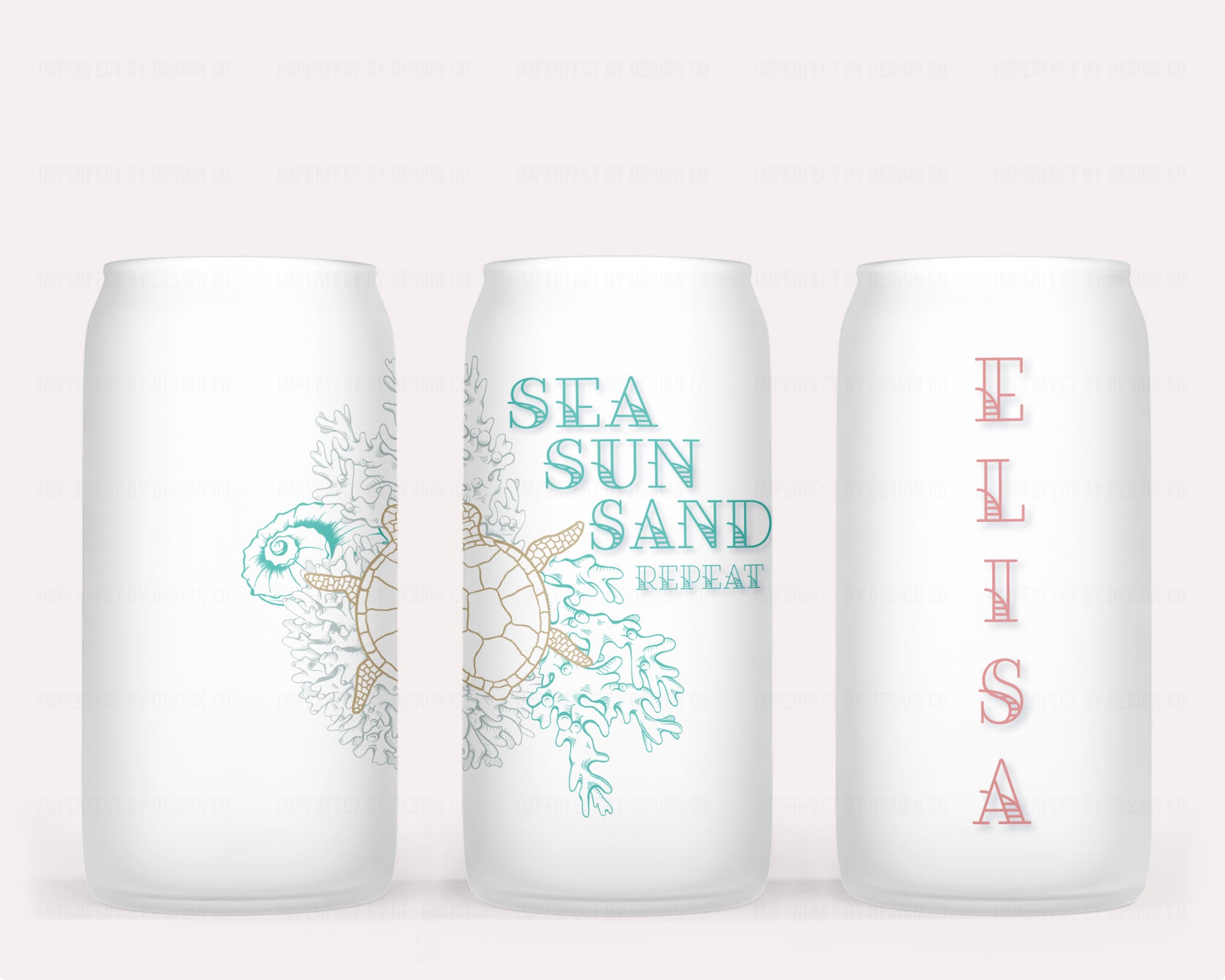 16 oz glass jar tumbler with bamboo lid and reusable straw Customized with coral-colored name and sea turtle design | imperfecrt by design co