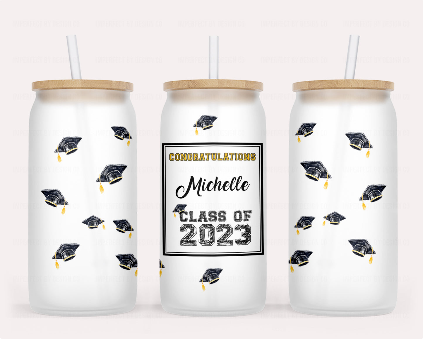 Personalized Graduation celebration 16oz frosted glass jar tumbler with bamboo lid and reusable straw | imperfect by design co