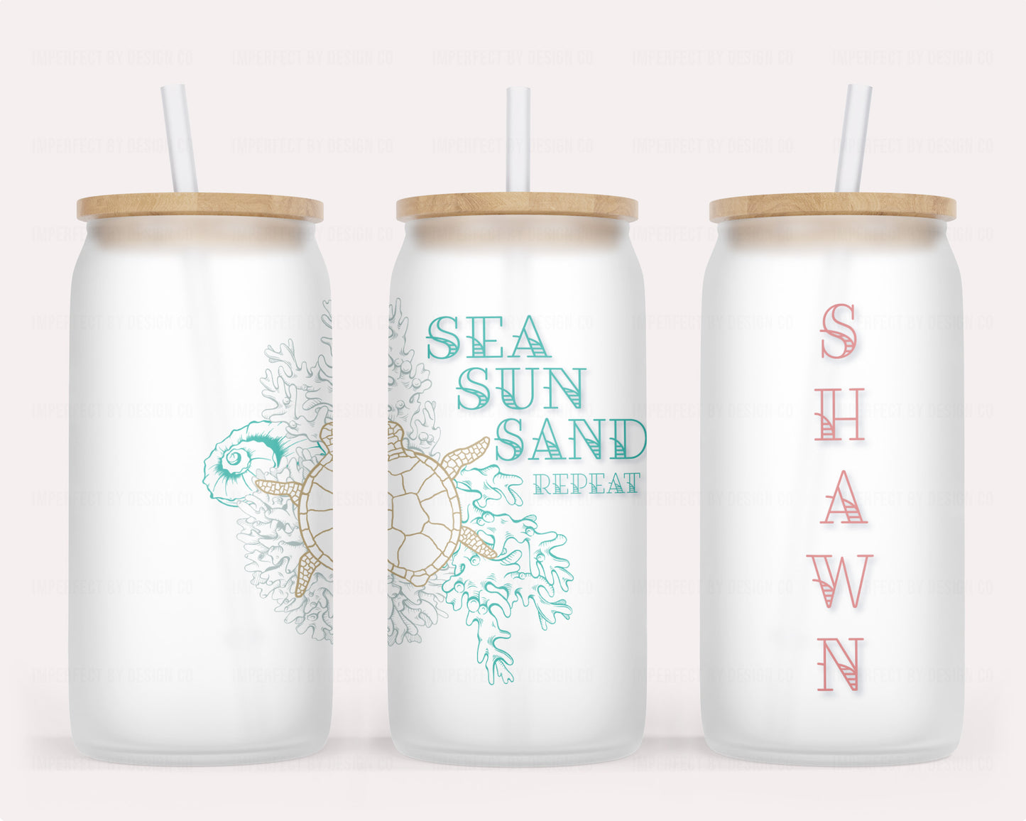 16 oz glass jar tumbler with bamboo lid and reusable straw Customized with coral-colored name and sea turtle design reusable straw and bamboo lid | imperfecrt by design co