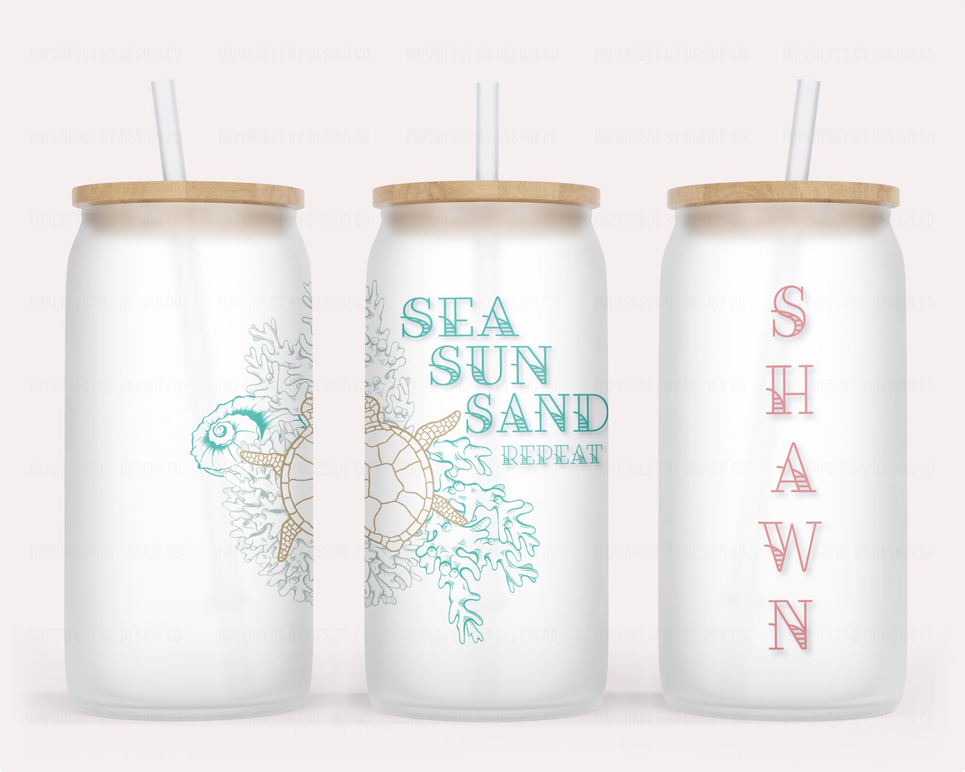 16 oz glass jar tumbler with bamboo lid and reusable straw Customized with coral-colored name and sea turtle design reusable straw and bamboo lid | imperfecrt by design co