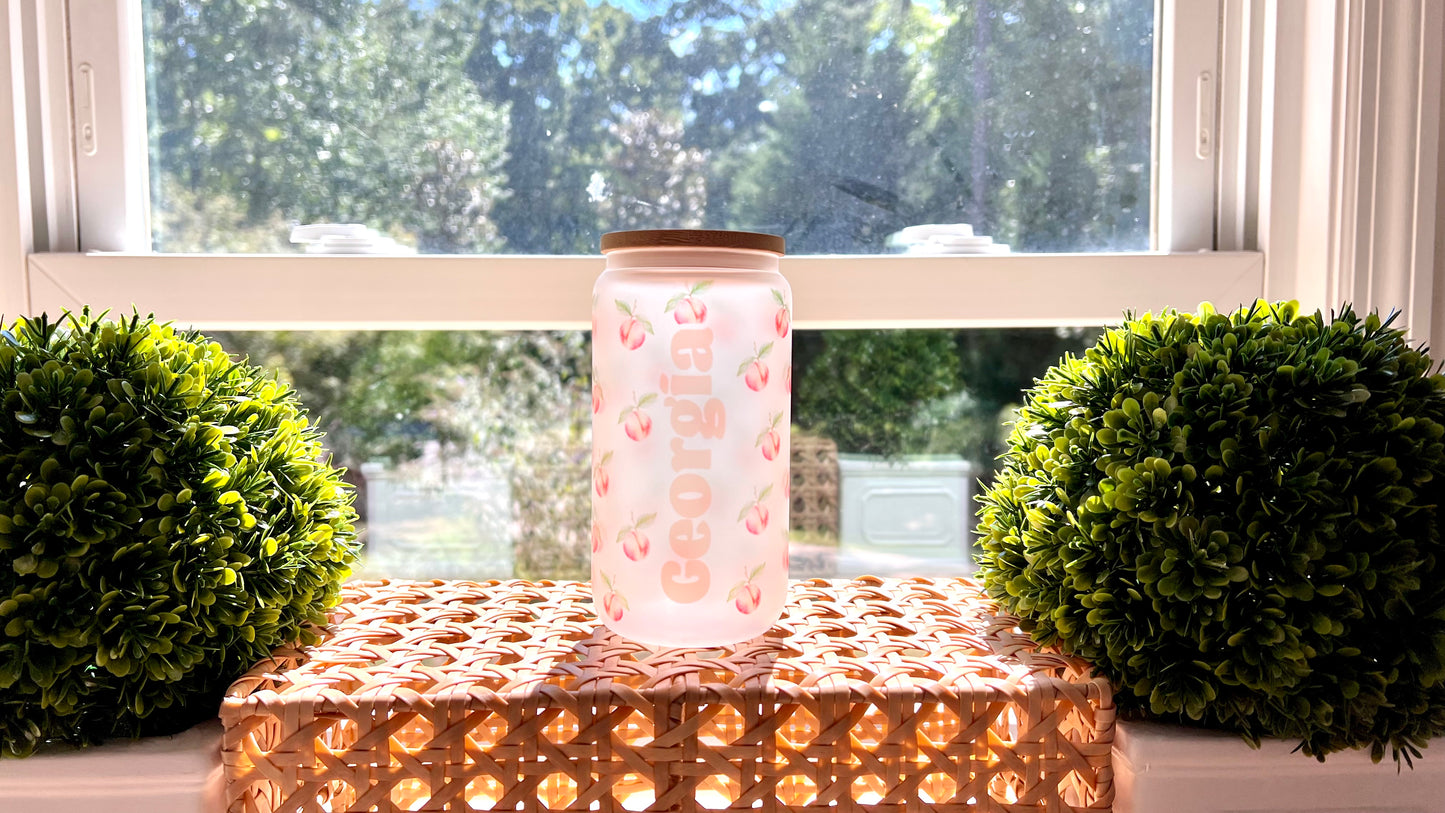 16oz Frosted Glass Tumbler - Peach Pattern & Georgia Wrap Design