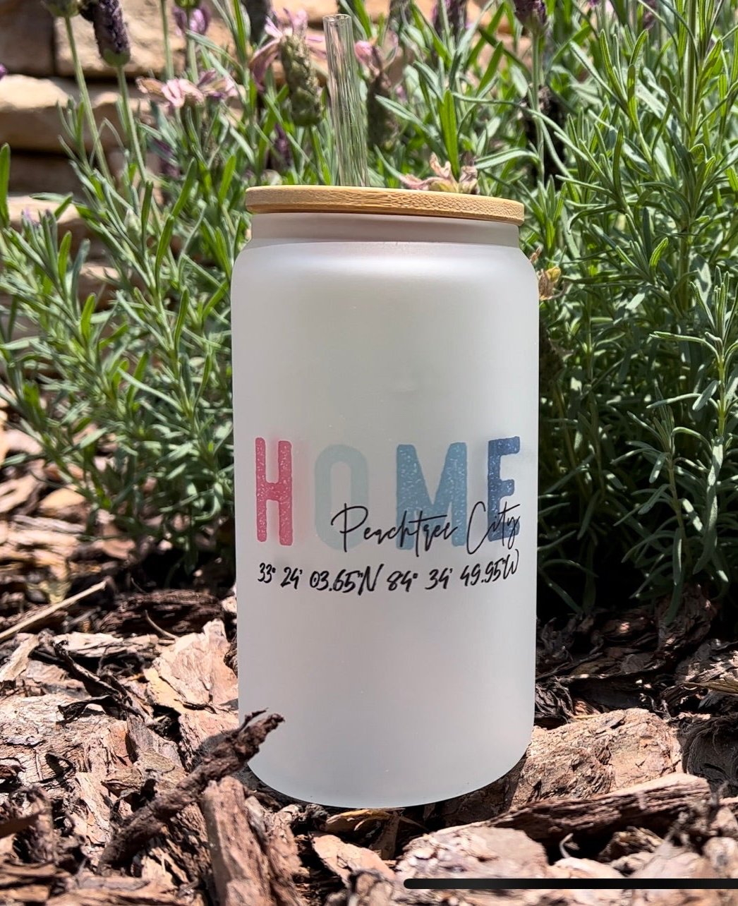 16oz Frosted Glass Tumbler with Personalized Text "Home"  City and Coordinates | imperfect by design co