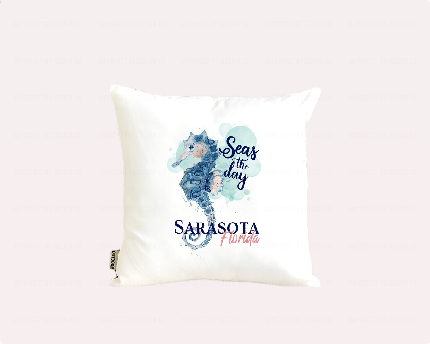 16x16 Porch Pillow Cover "Seas The Day" with Seahorse and City, State made for your Beach House