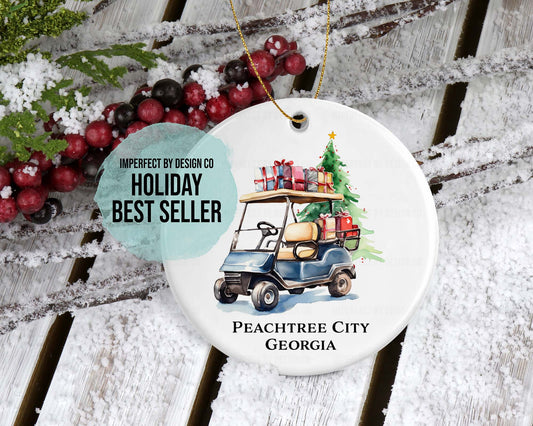 Personalized Blue Golf Cart Ornament | Double-Sided | Customizable City or Last Name