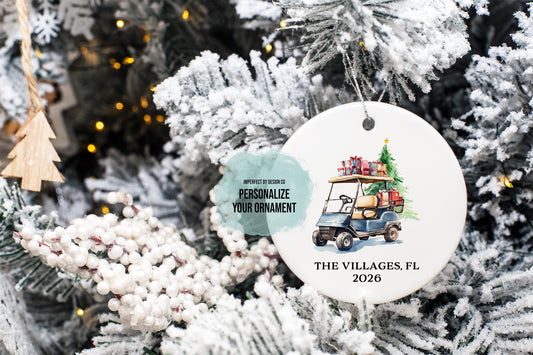 Personalized Blue Golf Cart Shatterproof Ornament | Double-Sided | Customizable City or Last Name