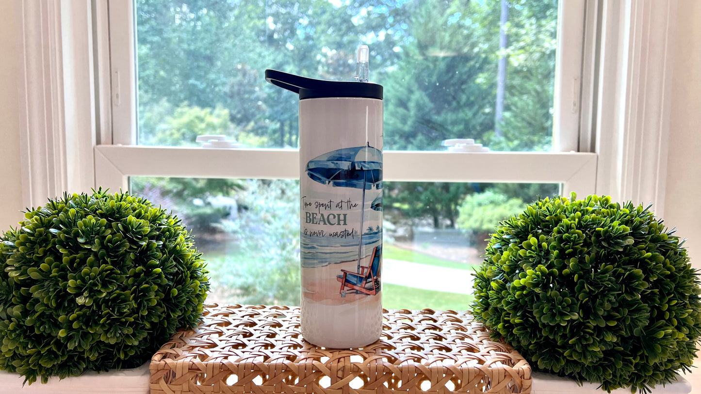 20oz Skinny Tumbler - Palm Trees & Flamingo Beach Design | "Time Spent at the Beach is Never Wasted"