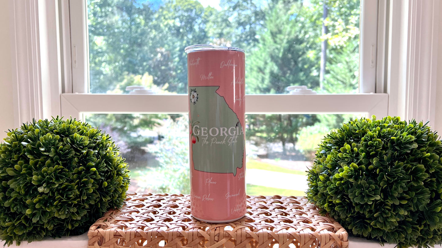 20oz Skinny Tumbler 'Georgia The Peach State' with clear slider lid