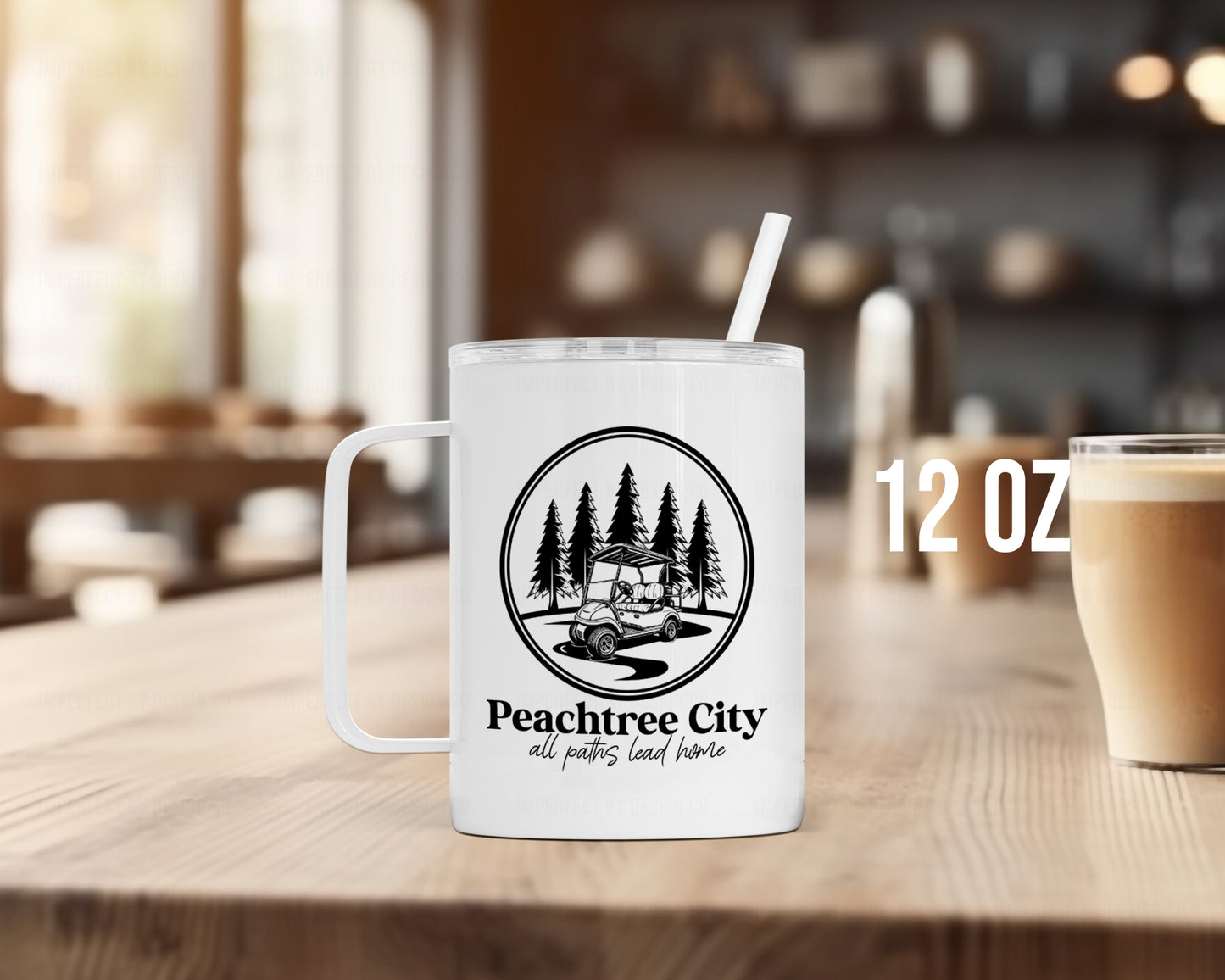 Peachtree City "All Paths Lead Home" Golf Cart in Forest Scene - Camper Mug