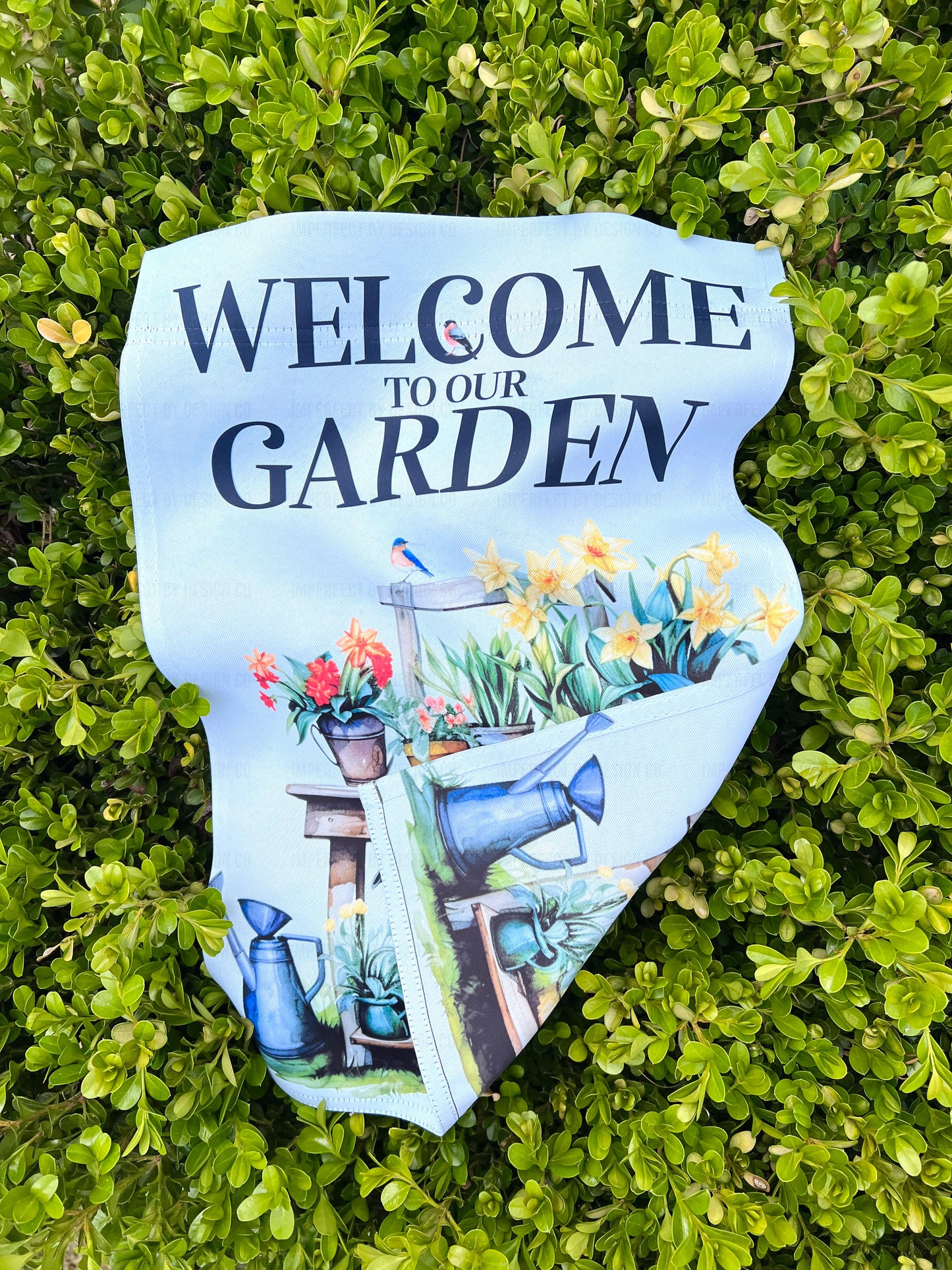 Garden Flag With Potting Bench Still Life featuring Flowers and Birds, Welcome To Our Garden