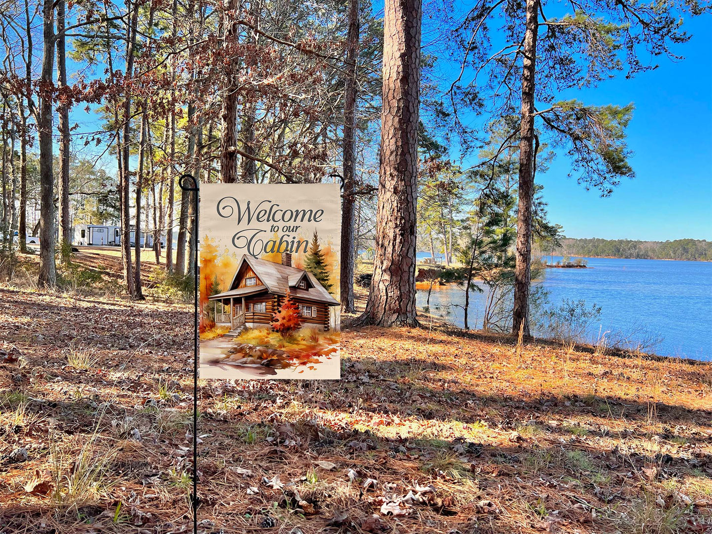 "Welcome to our Cabin" Fall Scene - Garden Flag