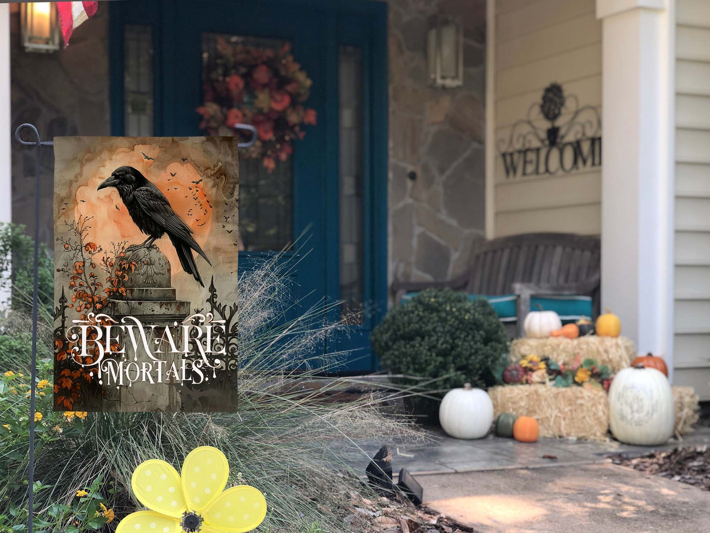 Creepy Halloween flag with a spooky graveyard, bats in the night sky, and a "Beware Mortals" warning.