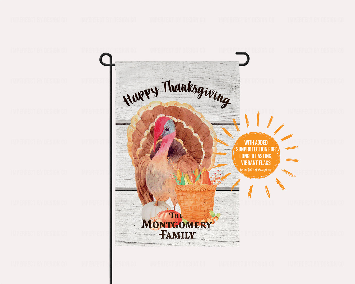 "Happy Thanksgiving" text across the top of the personalized garden flag.