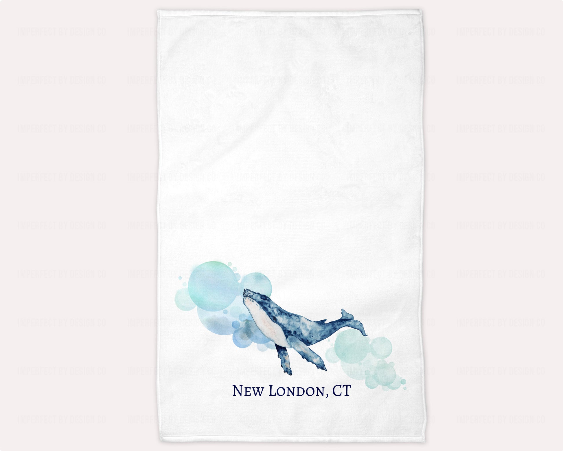 15x25 Personalized towel with city and state at the bottom featuring watercolor whale | imperfect by design co