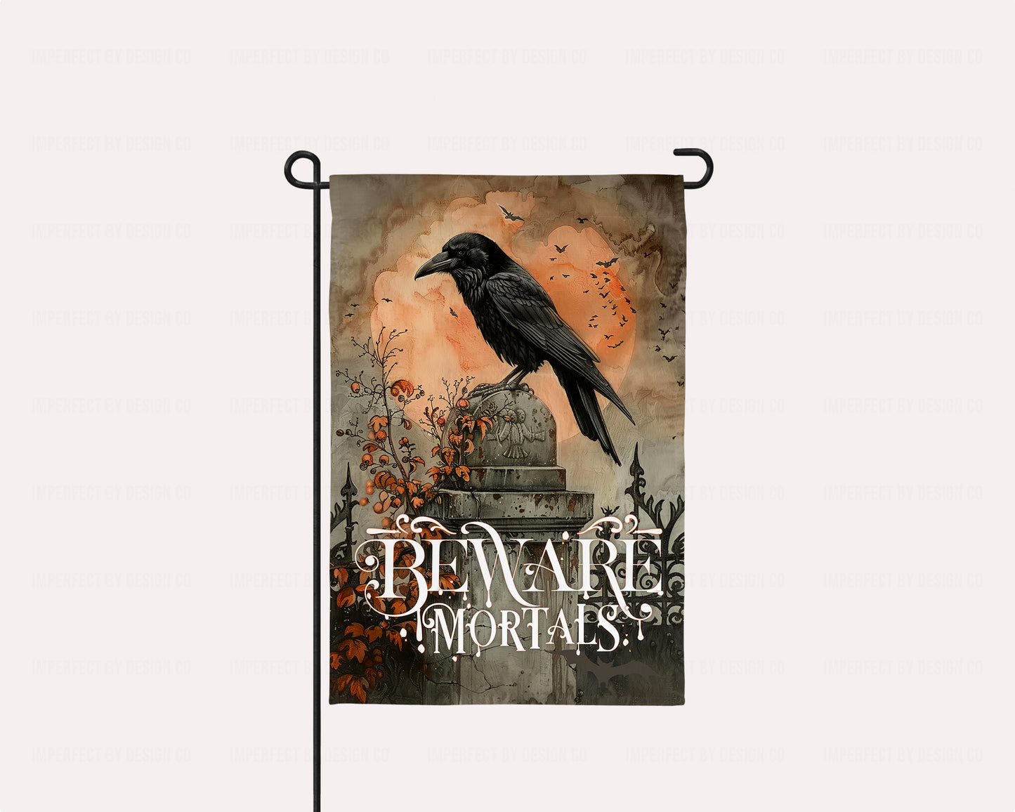 Spooky Halloween garden flag with bats, full moon, and raven perched on a tombstone.