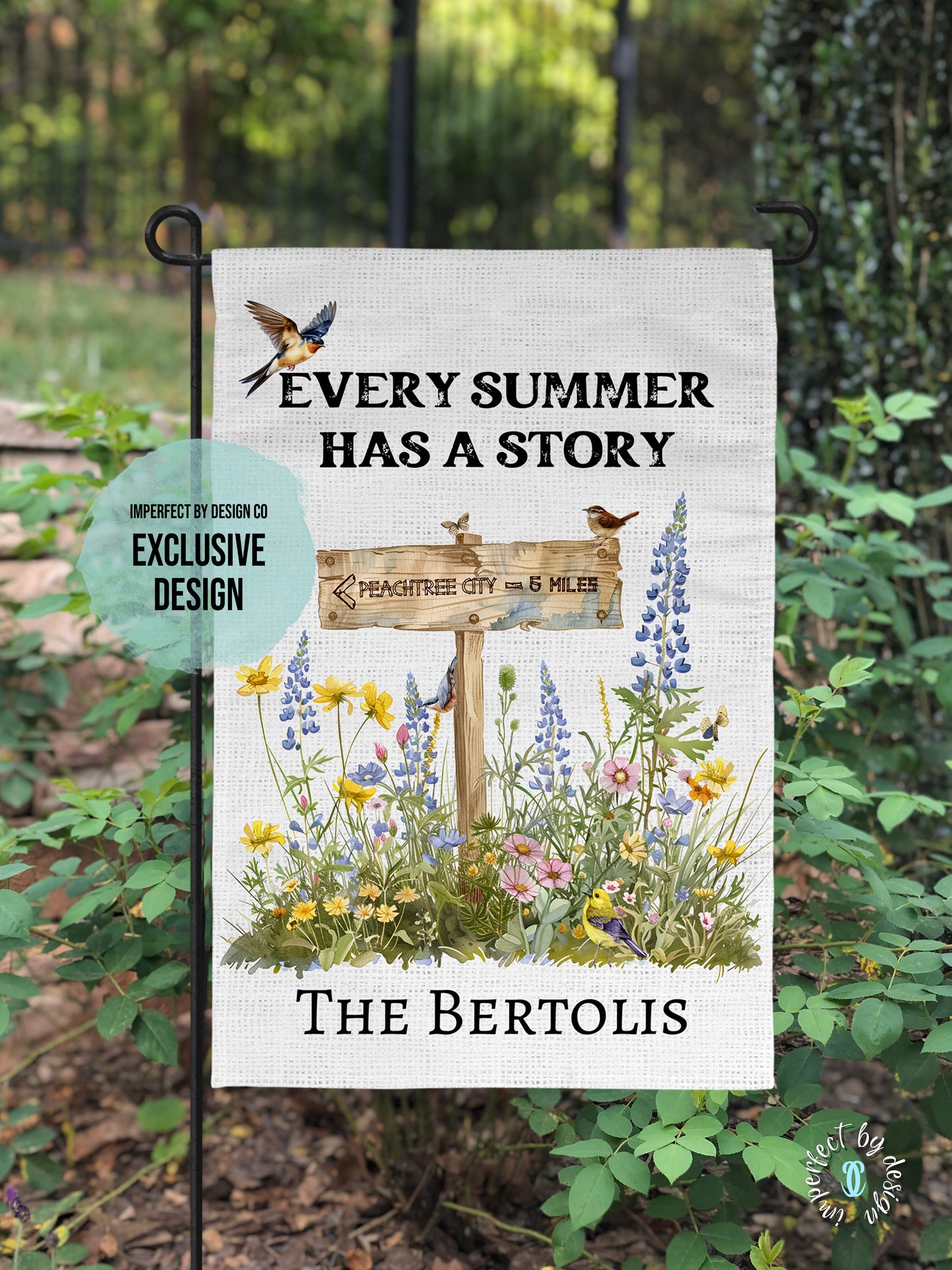 Personalized Peachtree City Garden Flag Featuring Garden Signpost, Every Summer has a Story