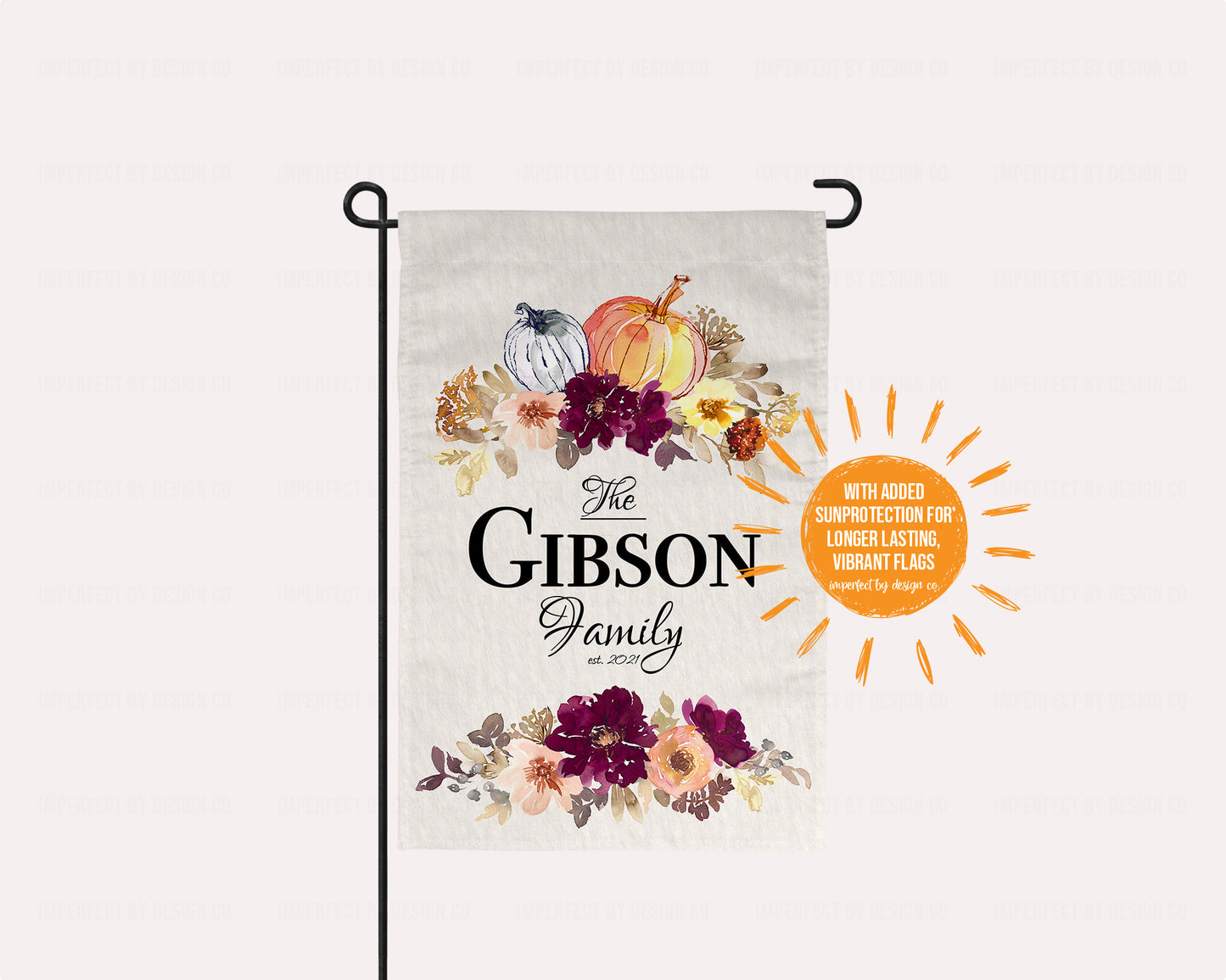 Custom fall garden flag with seasonal pumpkins and flowers, featuring family name and established year.