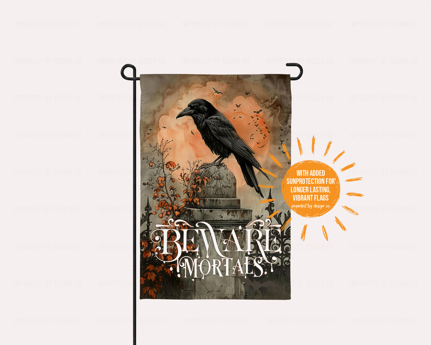 Graveyard-themed garden flag with "Beware Mortals" text, bats, and haunting raven design.