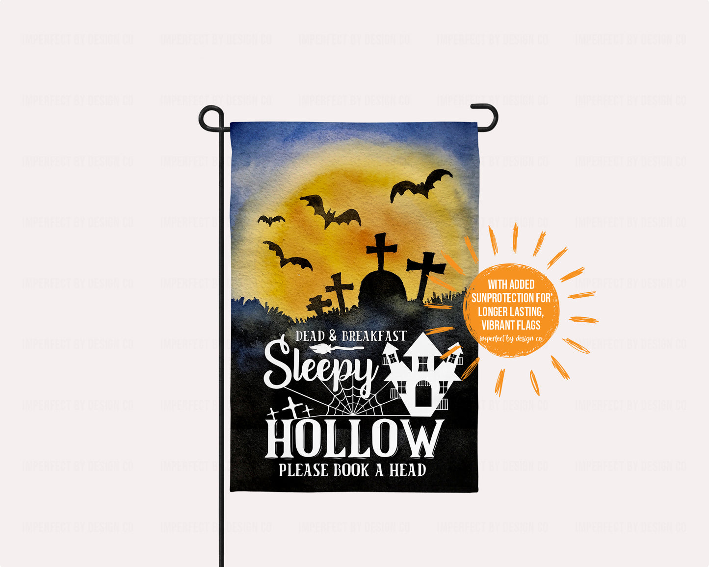 Colorful Halloween garden flag with haunted house and graveyard, showcasing Sleepy Hollow 'Dead & Breakfast' theme.