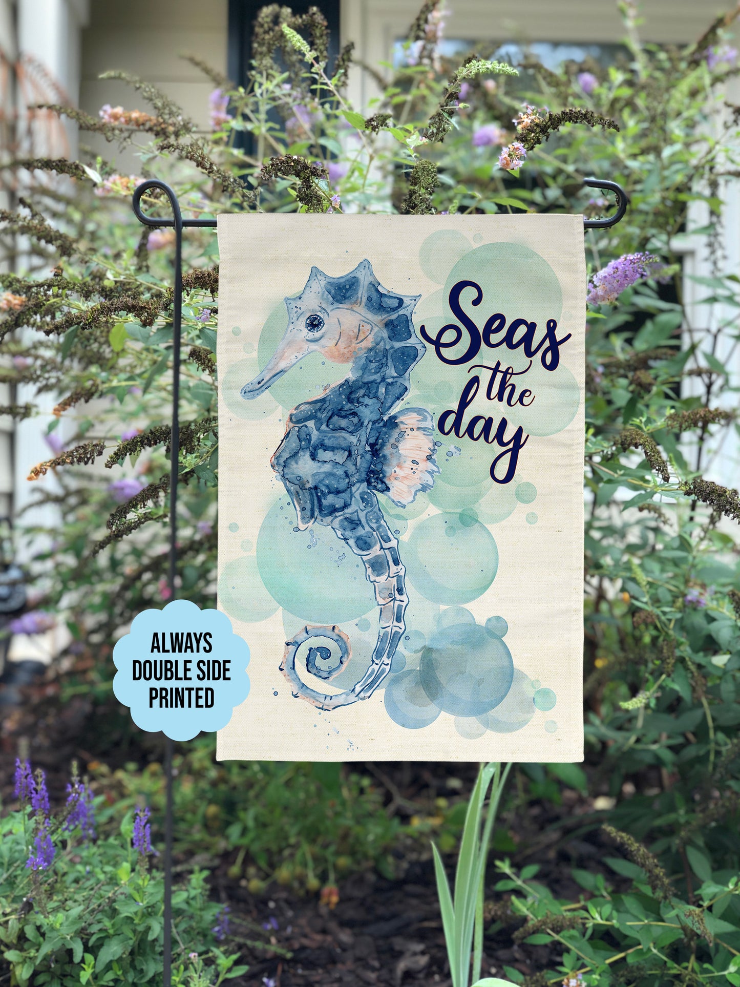 Coastal Garden Flag With Watercolor Seahorse, Seas The Day