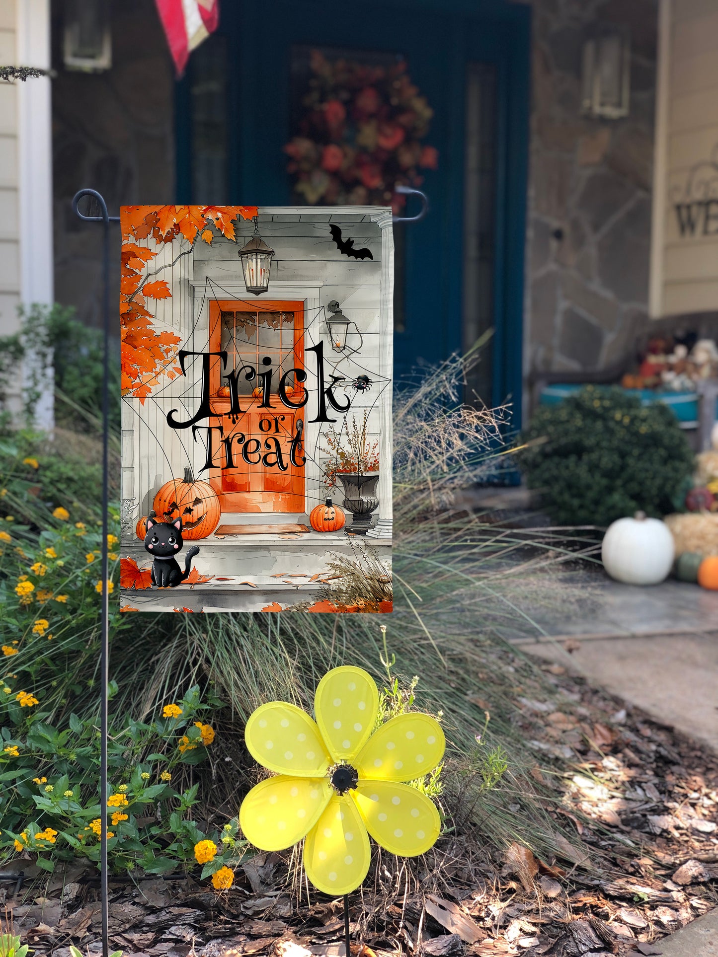 Trick or Treat Halloween theme garden flag, decorated front porch