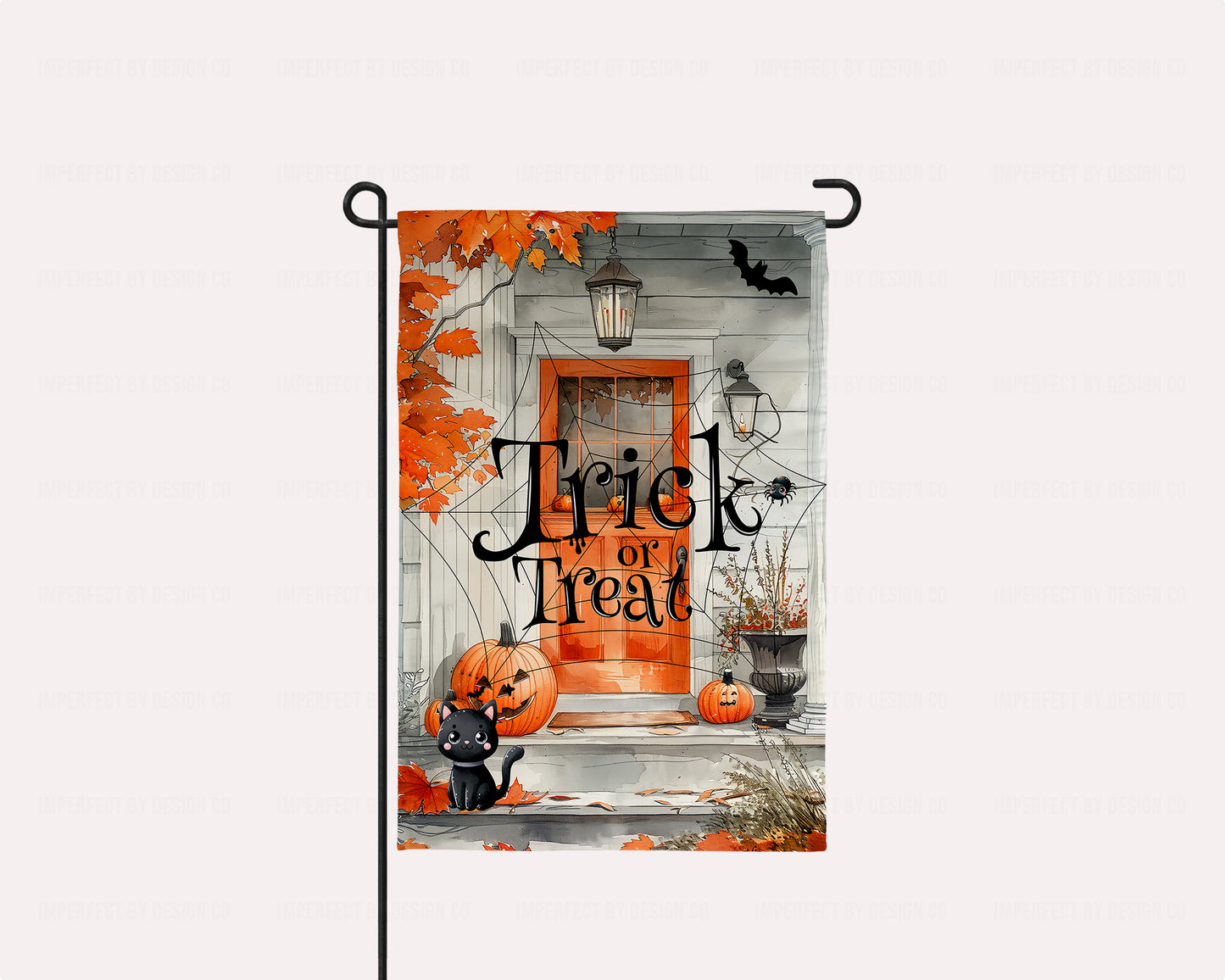 Full view of the Halloween garden flag with autumn theme and "Trick or Treat" design.