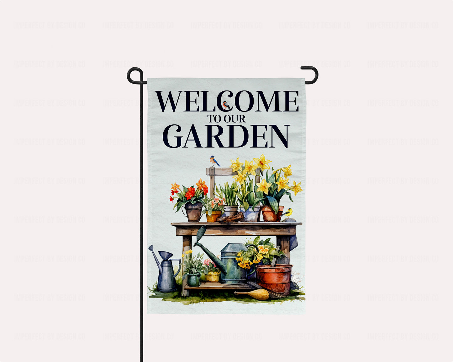 Garden Flag With Potting Bench Still Life featuring Flowers and Birds, Welcome To Our Garden