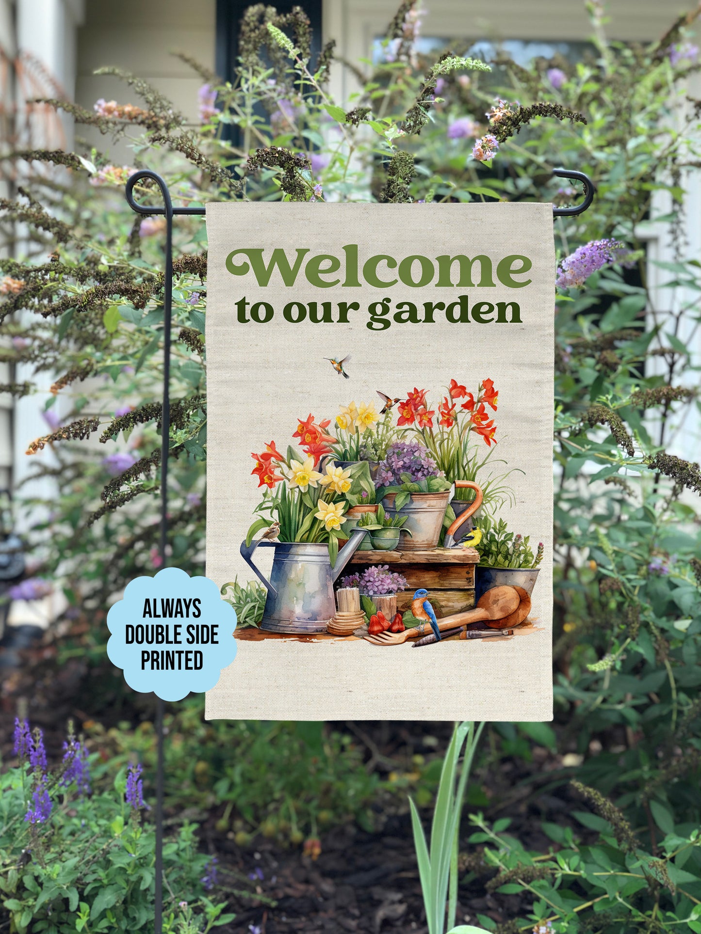Garden Flag With Still Life of Flowers and Birds, Welcome To Our Garden