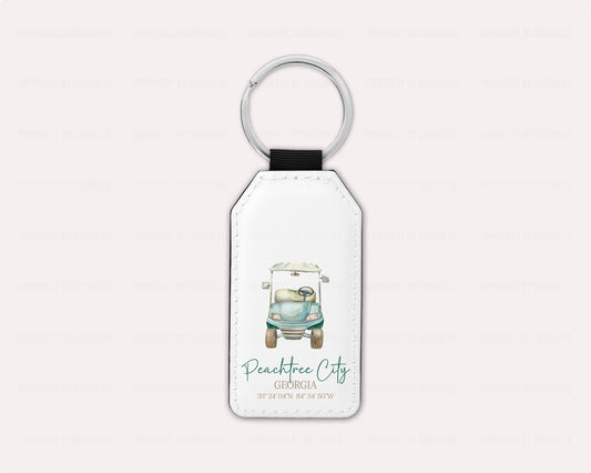 Peachtree City Keychain With Blue Golf Cart and Coordinates
