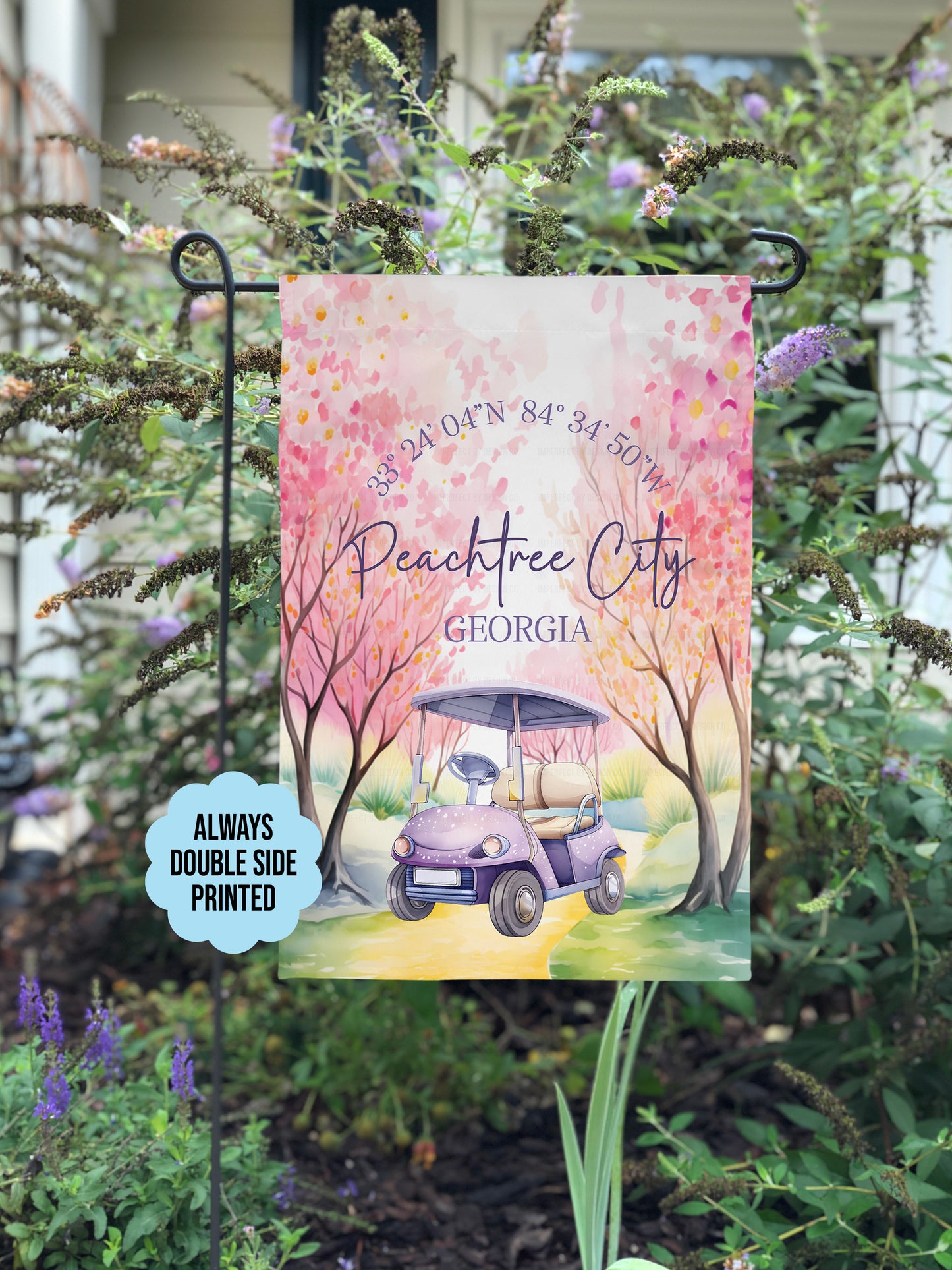 Peachtree City, Georgia Garden Flag Featuring Golf Cart and Coordinates