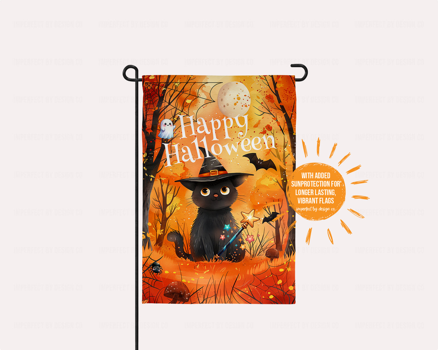 Whimsical Halloween flag featuring a black cat, ghost, bats, and fall foliage with "Happy Halloween" text.