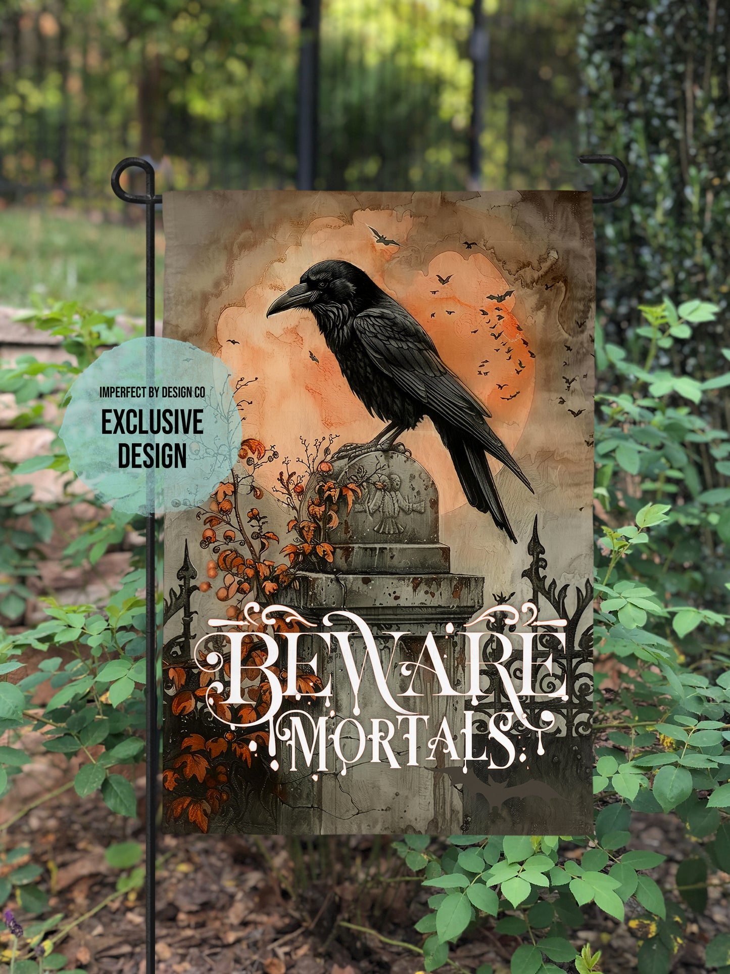 Exclusive design Halloween garden flag featuring a large raven, tombstones, and bats under a full moon.