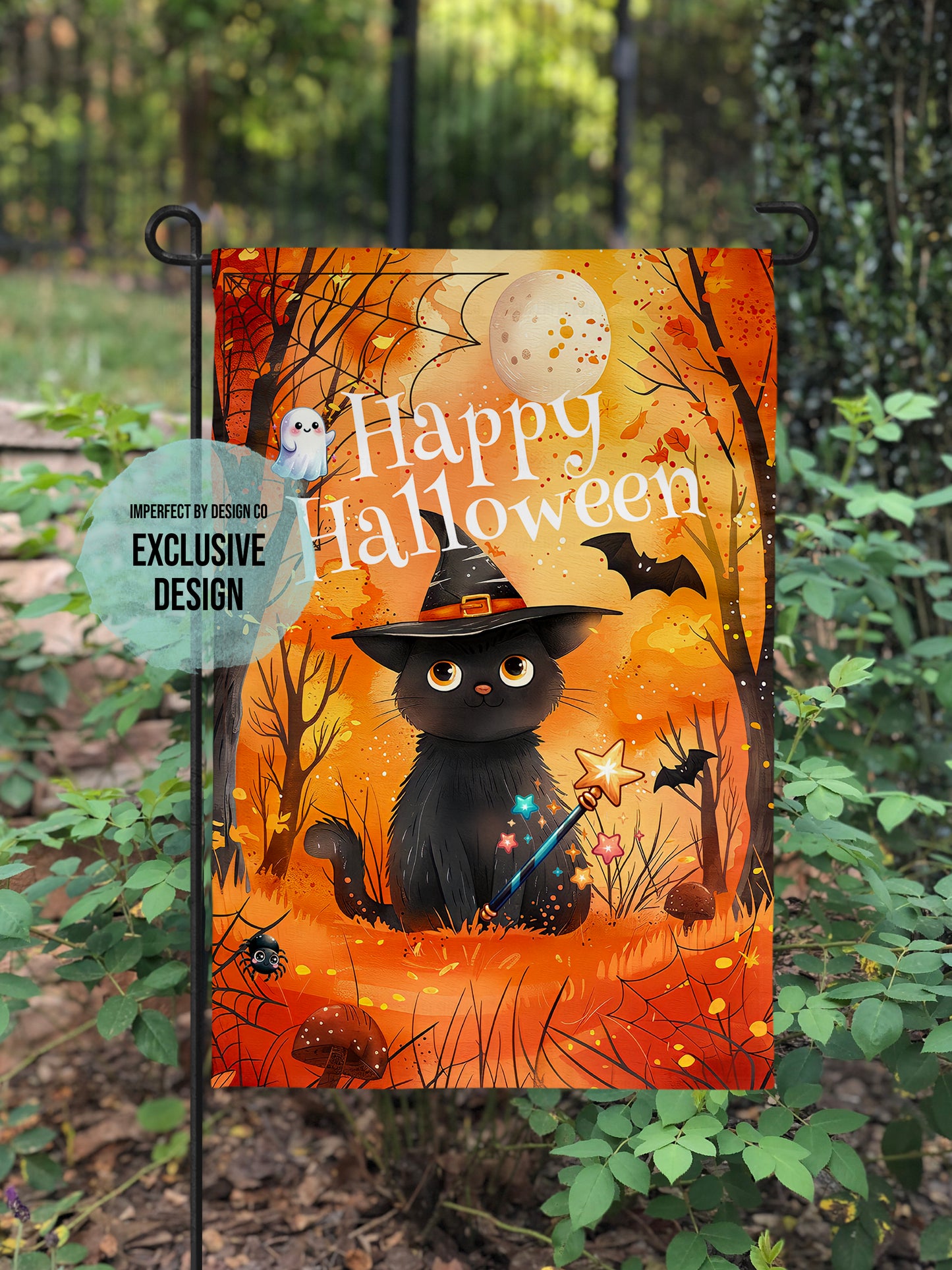Exclusive Design; Fall-themed Halloween garden flag with a black cat, colorful leaves, a ghost, and bats under a full moon.