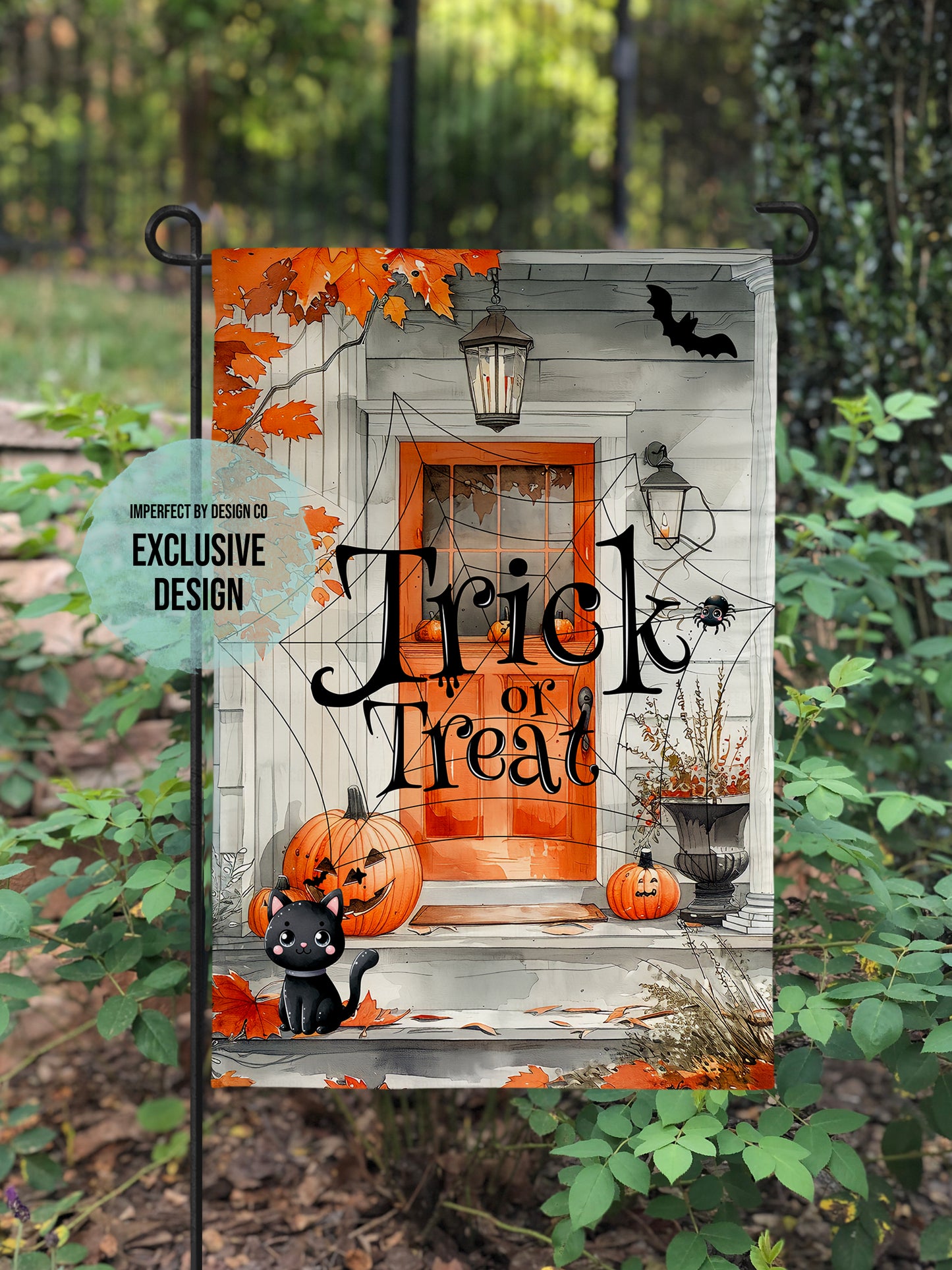 Autumn leaves and jack-o-lanterns on a whimsical front porch garden flag.
Trick or Treat.