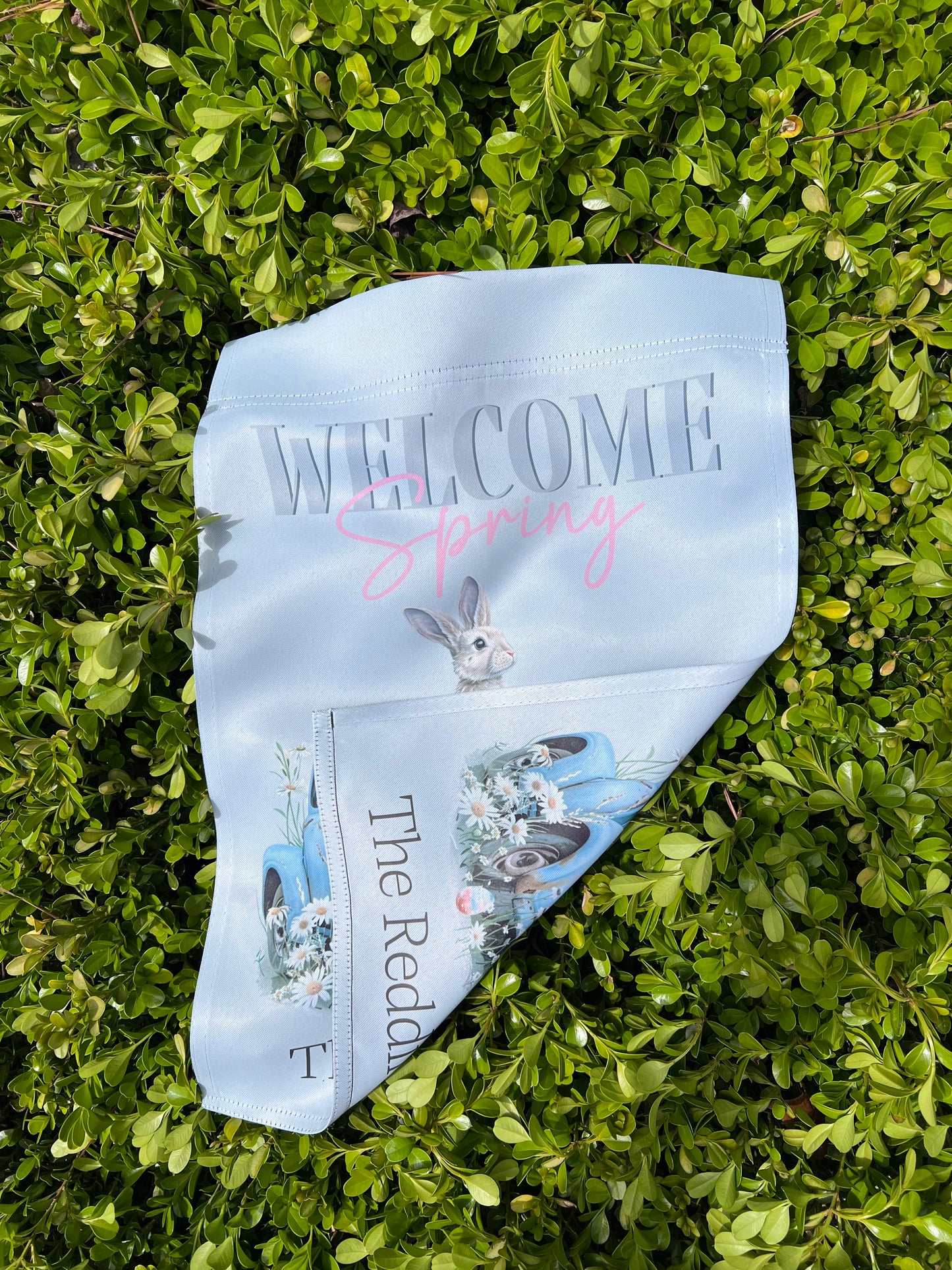 Personalized Welcome Spring - Garden Flag Featuring Spring Flowers, Rabbit and Truck