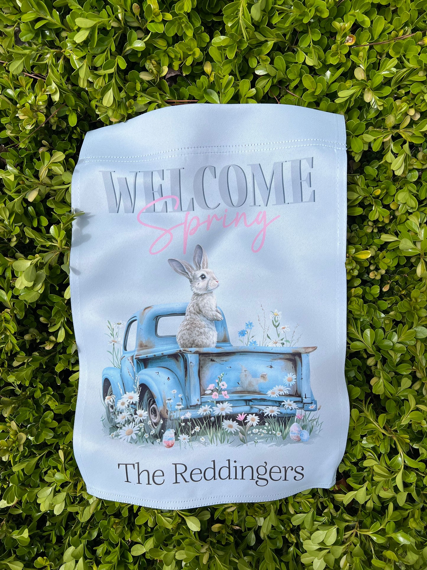 Personalized Welcome Spring - Garden Flag Featuring Spring Flowers, Rabbit and Truck