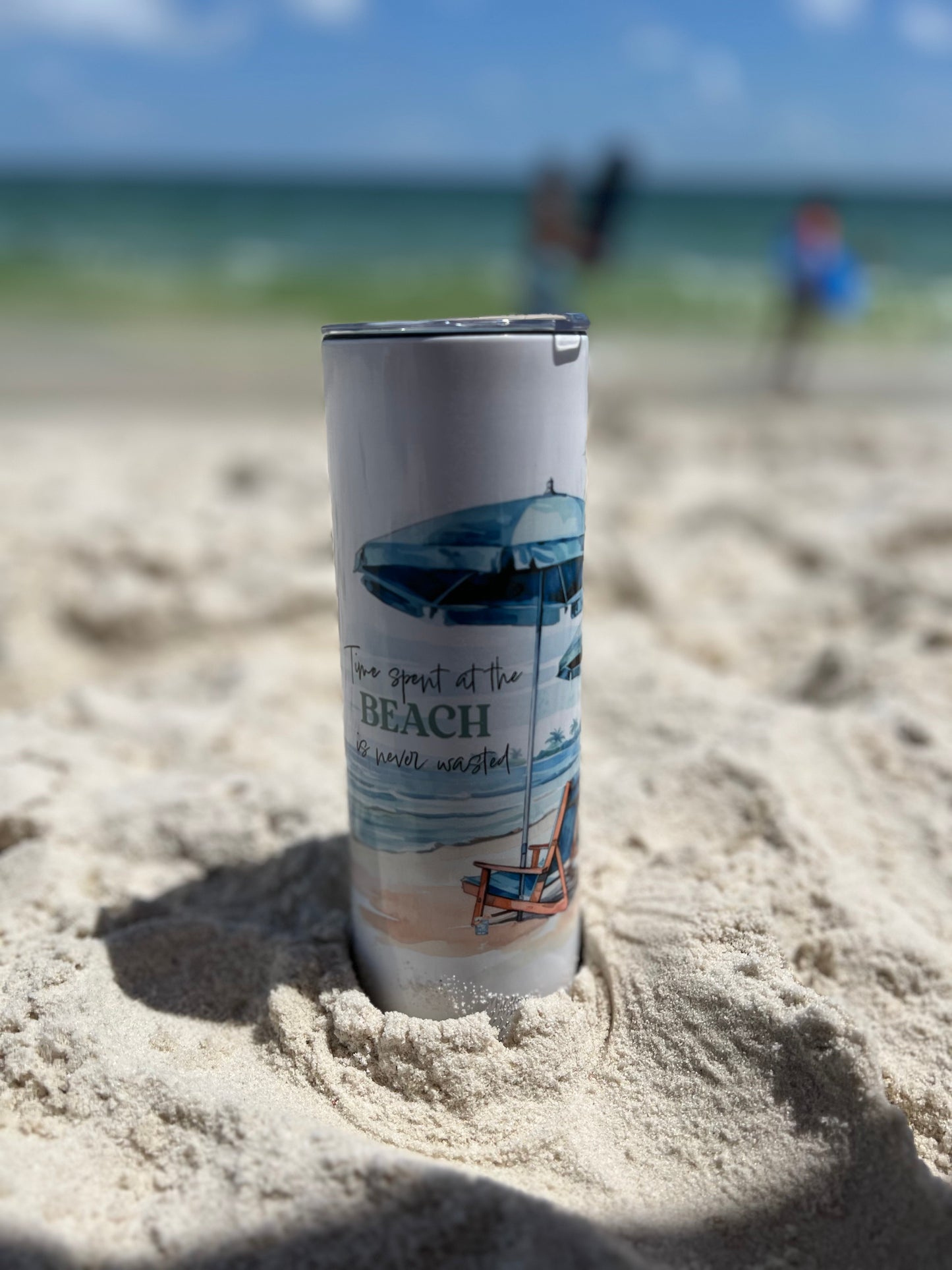 20oz Skinny Tumbler - Palm Trees & Flamingo Beach Design | "Time Spent at the Beach is Never Wasted"