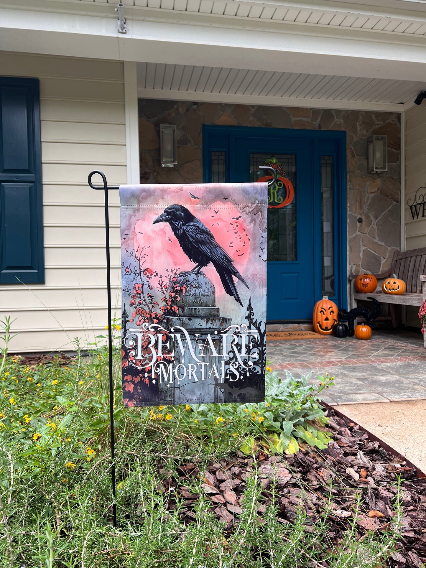 Halloween Graveyard Garden Flag - "Beware Mortals" with Raven and Bats Design