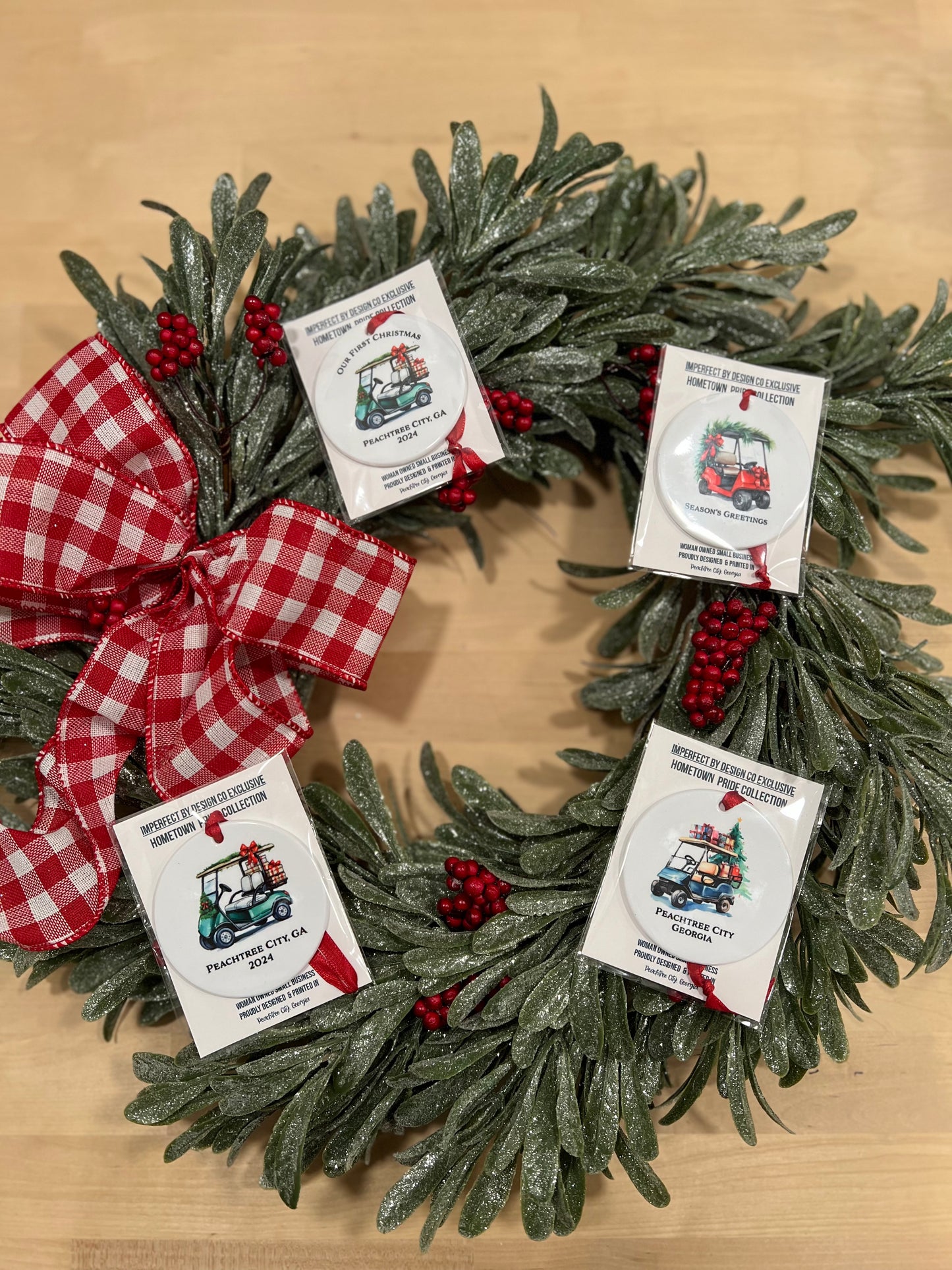 Festive Holiday Wreath featuring various golf cart themed Christmas ornaments