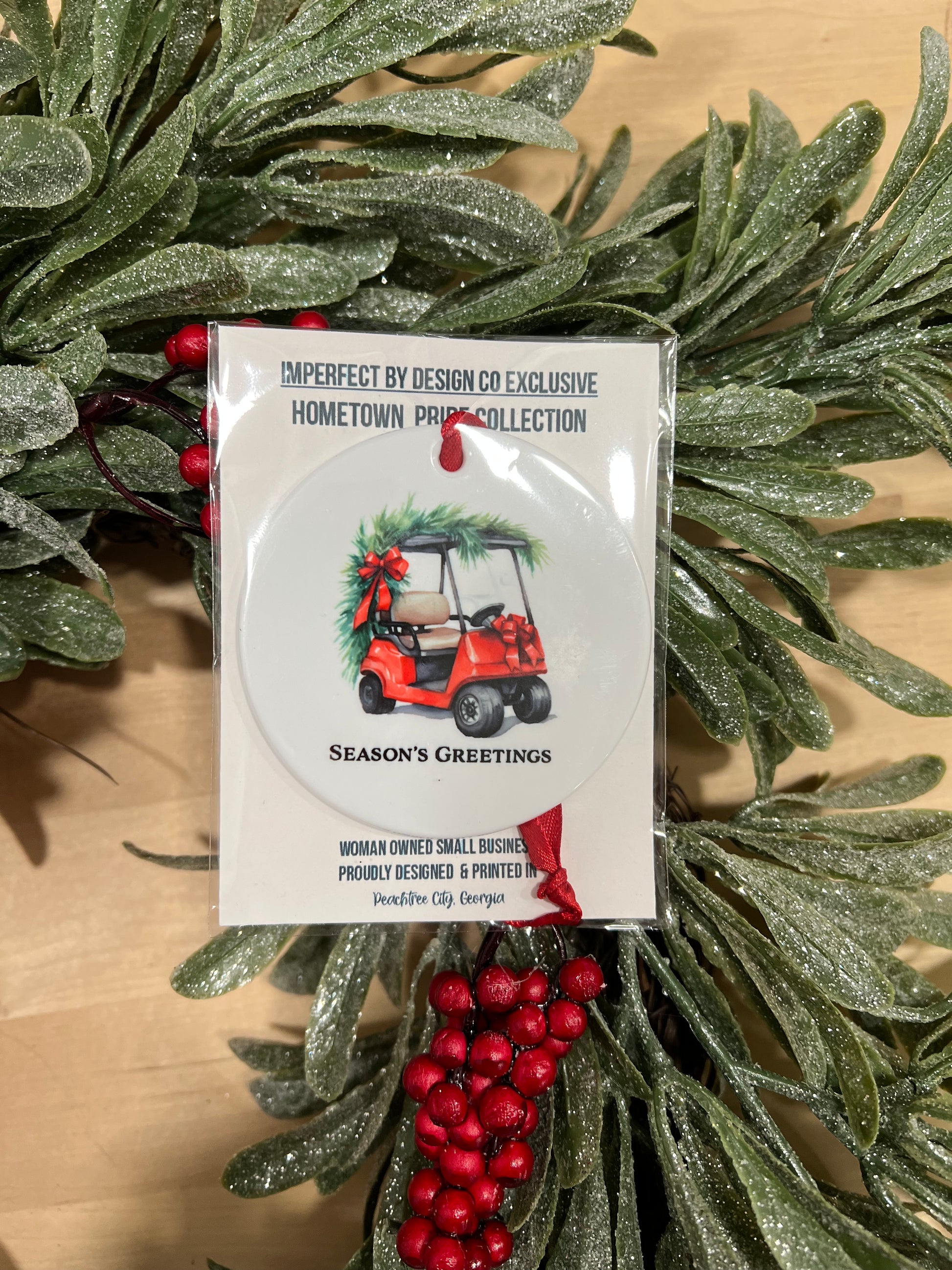 Custom red golf cart ornament with "Season's Greetings" or personalized text, ideal for holiday decor and gifting.
