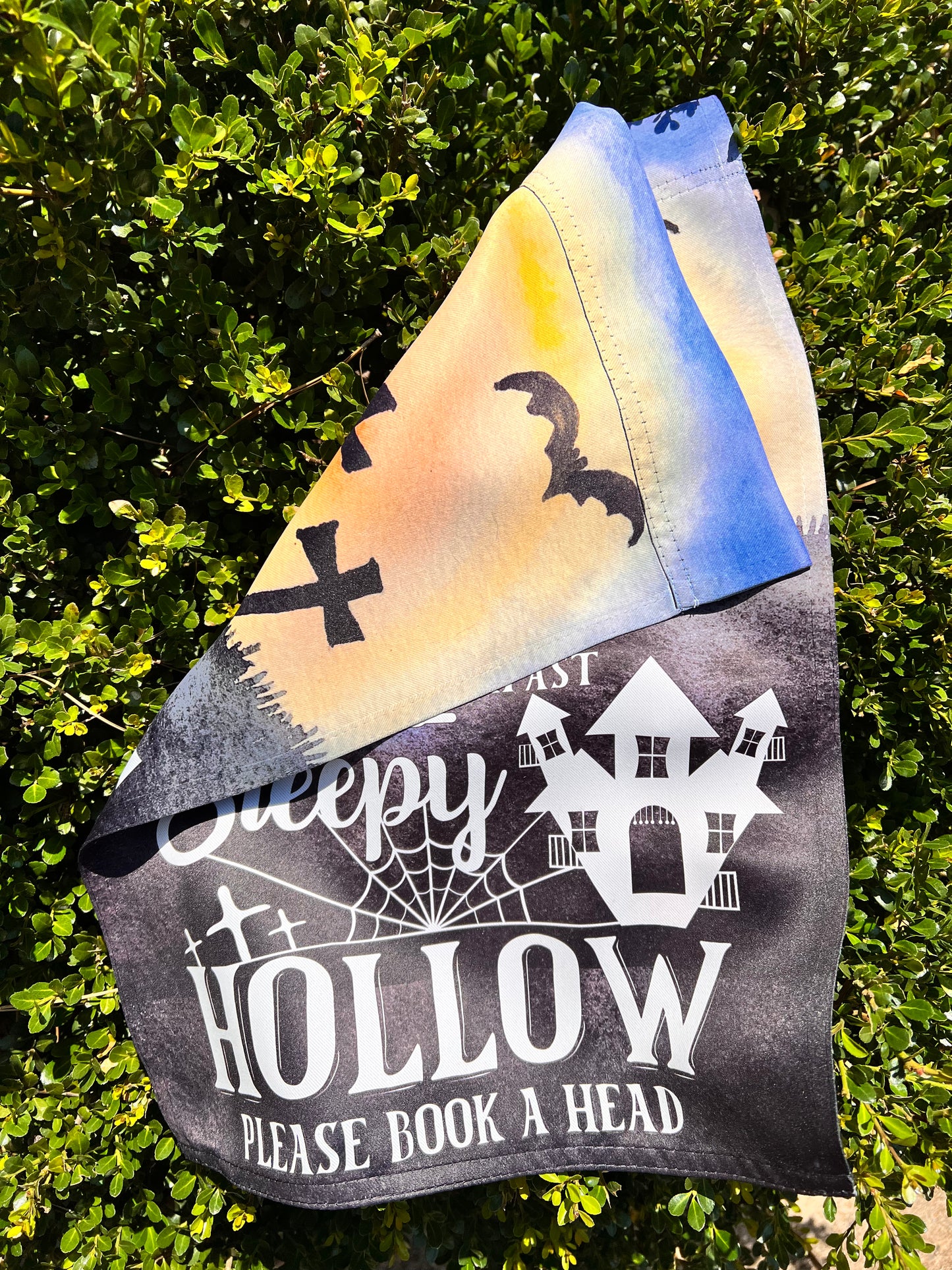 Double side print Halloween garden flag featuring Sleepy Hollow design with spooky tombstones, bats, and a playful 'Please Book a Head' message