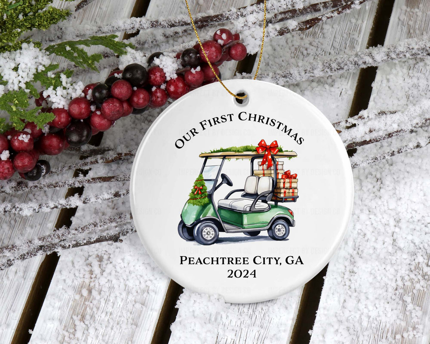 Customizable double-sided Christmas ornament with festive green golf cart carrying gifts, personalized with city, state, and year.