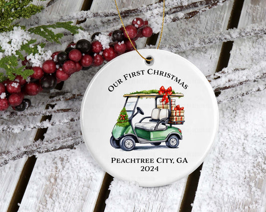 Customizable double-sided Christmas ornament with festive green golf cart carrying gifts, personalized with city, state, and year.