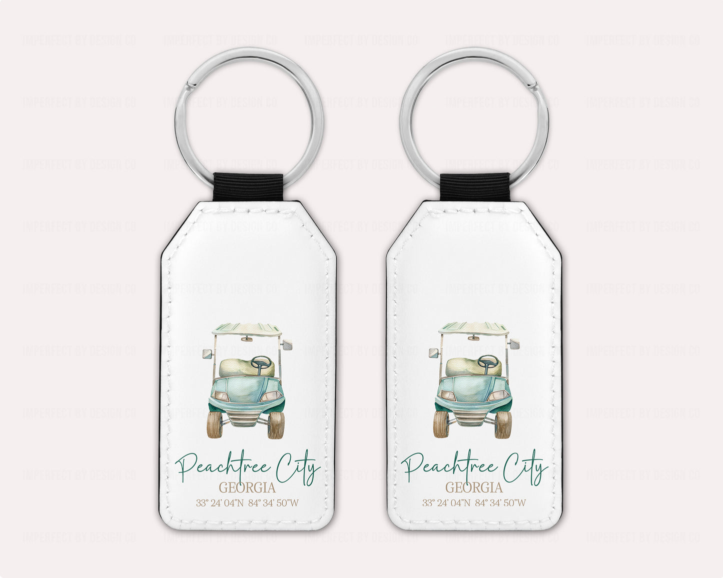 Peachtree City Keychain With Blue Golf Cart and Coordinates