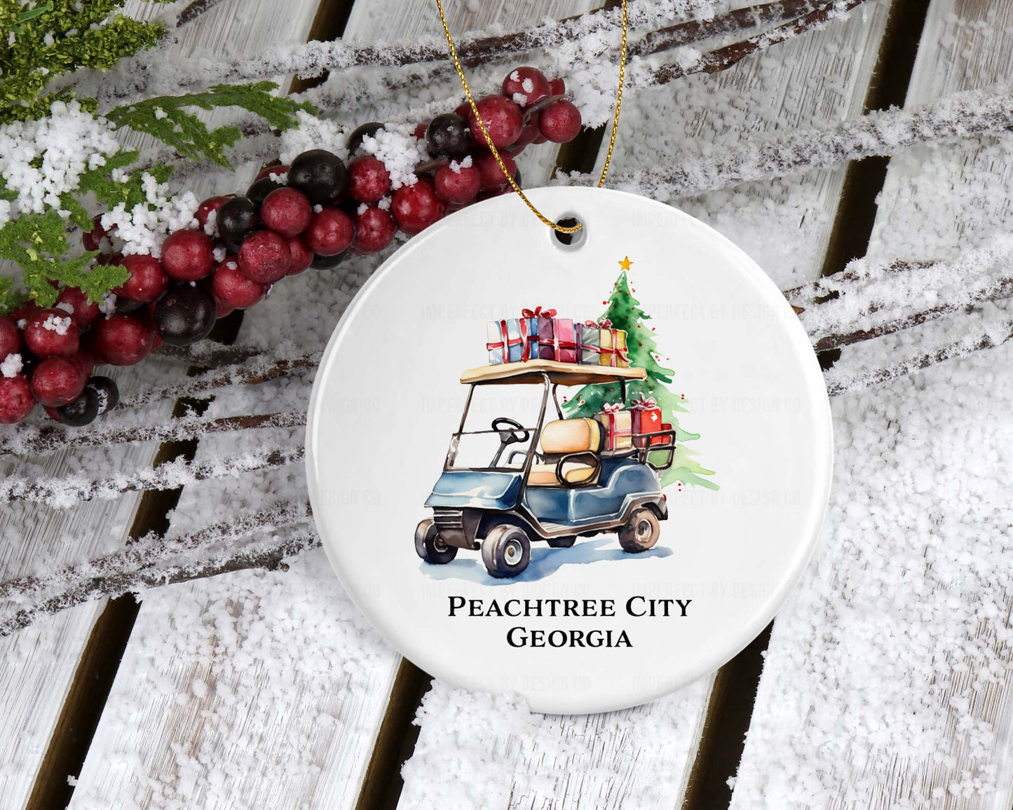 Double-sided personalized blue golf cart ornament featuring Peachtree City, Georgia, or customizable text with last name and city.
