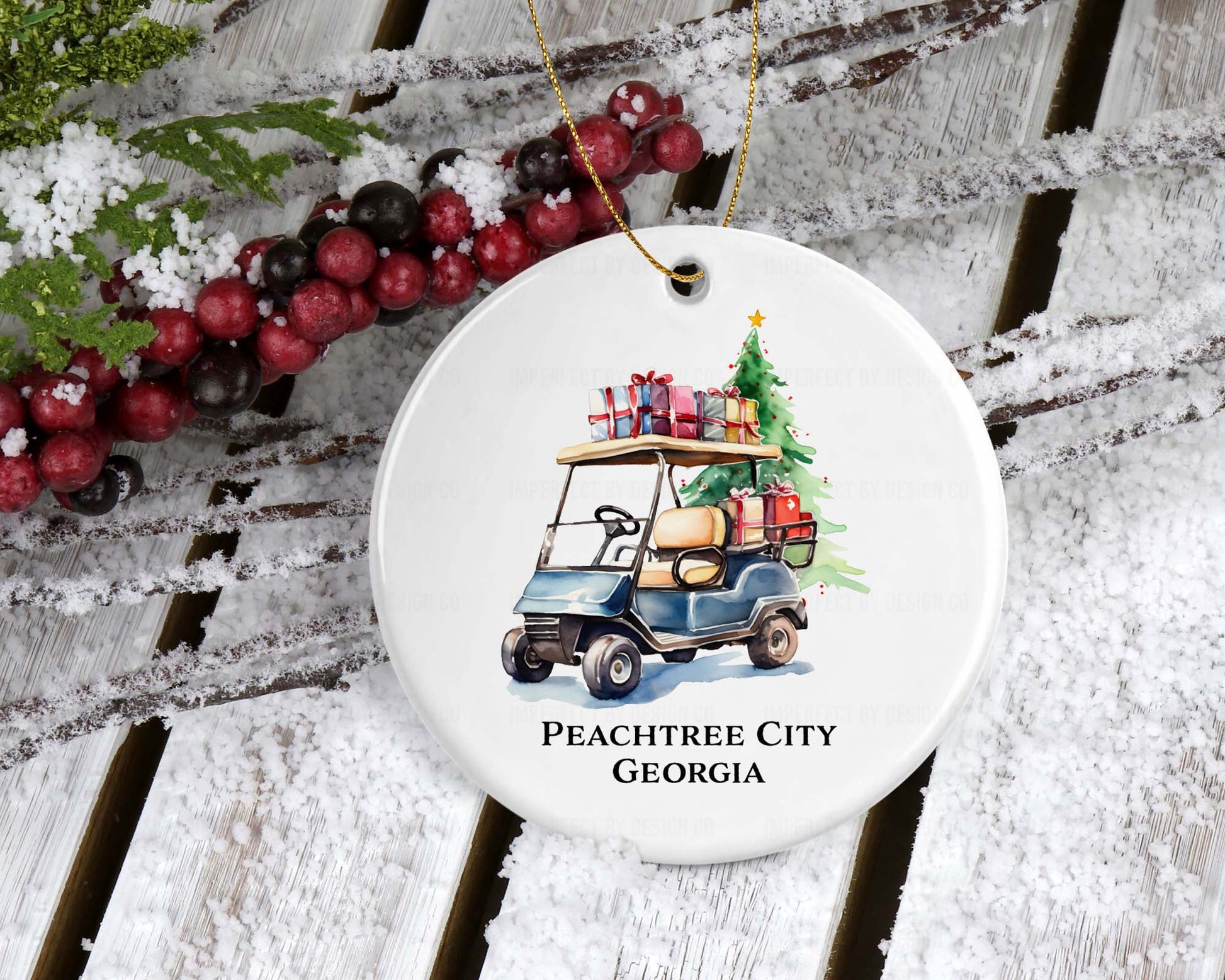 Double-sided personalized blue golf cart ornament featuring Peachtree City, Georgia, or customizable text with last name and city.